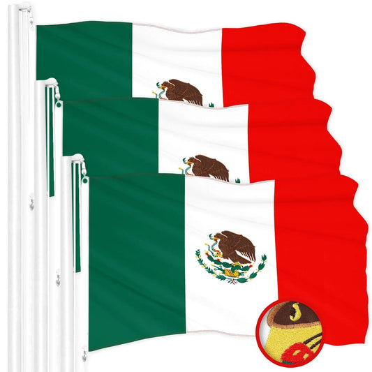 G128 3 Pack: Mexico Mexican Flag  4x6 Ft  ToughWeave Series Embroidered 300D Polyester  Country Flag, Embroidered Design, Indoor/Outdoor, Brass Grommets