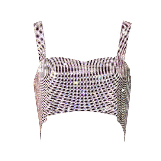 Women Sexy Sparkly Rhinestone Rave Crop Tops Sleeveless Tank Top Shirt Body Jewelry for Club Festival Dance