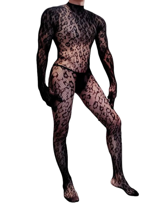 EHSUYAB Rave Outfits For Men Festival Party Clubwear Leopard One Piece Full Lace Jumpsuit Sexy Lingerie Costume Bodysuit One Size Black
